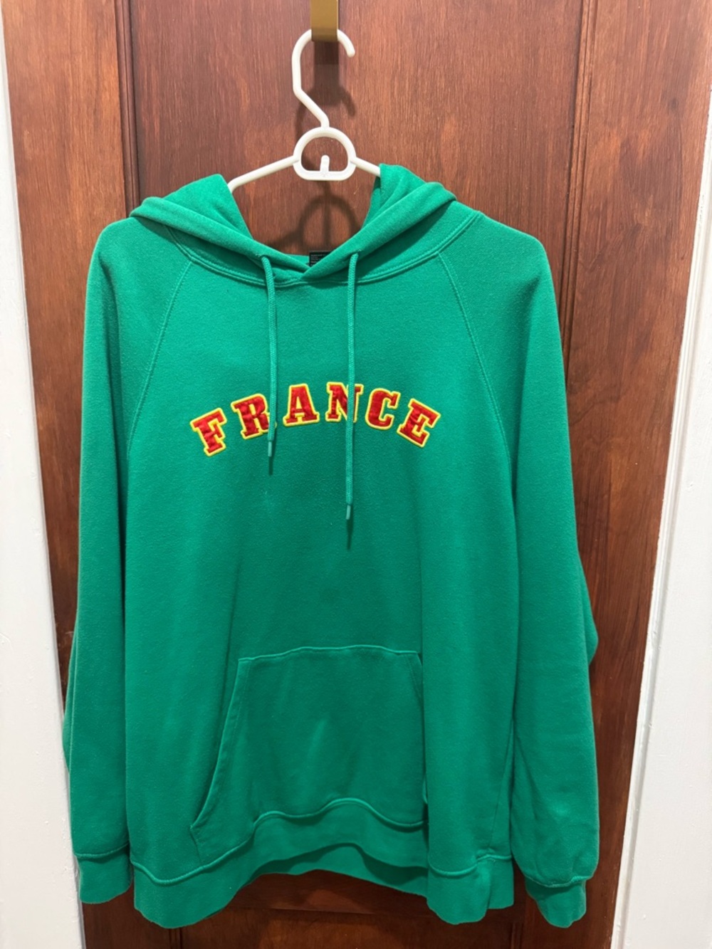 Forever 21 Green Hoodie with Yellow and Red 'FRANCE' Applique Medium